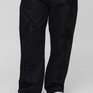 Plus Fixed Waist Cross Applique Relaxed Pants