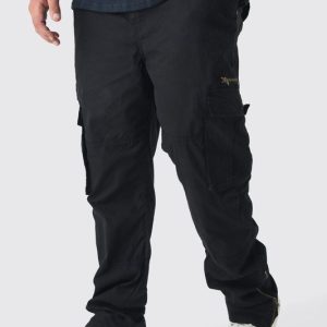 Plus Slim Flare Zip Gusset Overdye Acid Wash Cargo Pants In Black