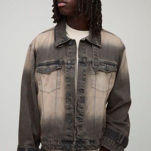 Regular Fit Washed Funnel Neck Denim Jacket