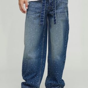 Relaxed Fit Belted Rhinestone Blue Washed Jeans