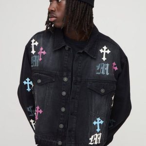 Boxy Fit PU Applique Denim Jacket