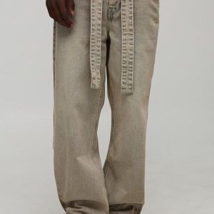 Relaxed Fit Washed Belted Jeans