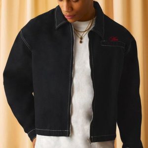 Contrast Stitch Embroidered Boxy Harrington
