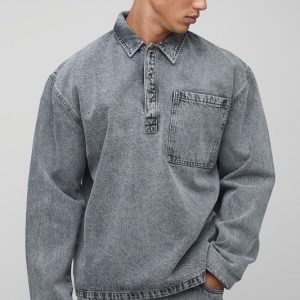 Tall Acid Wash Oversized Rugby Shirt