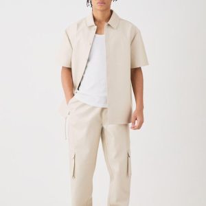 Short Sleeve Drop Shoulder Pu Shirt Jacket & Cargo Pants Set